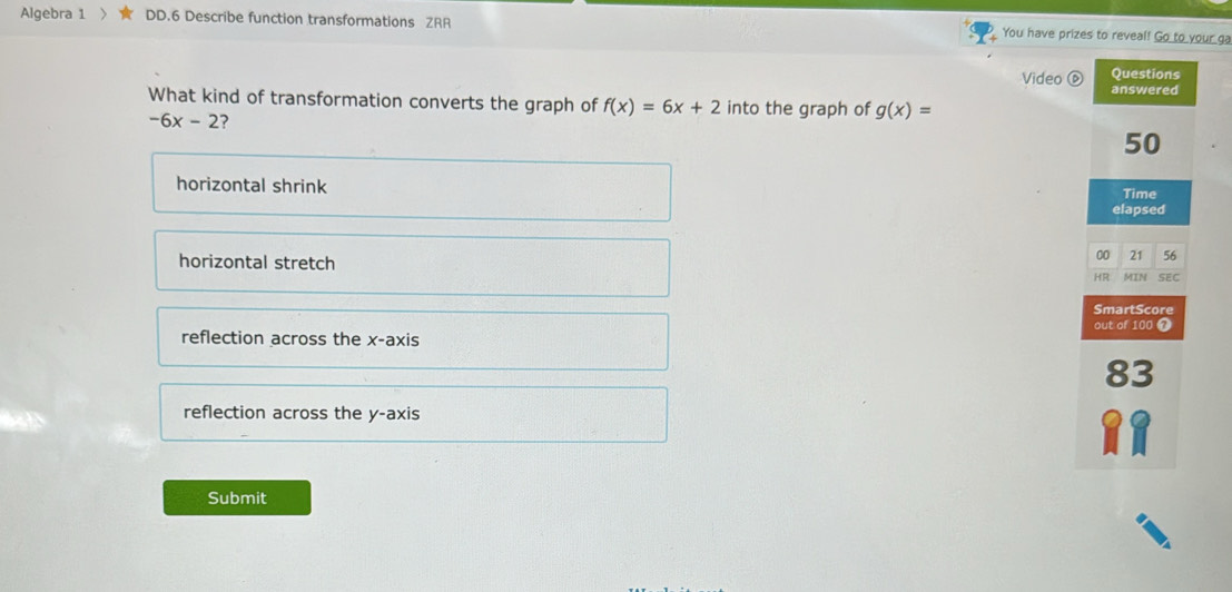Solved: Algebra 1 DD.6 Describe function transformations ZRR You have ...