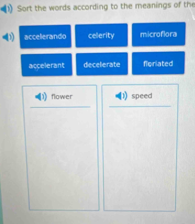 Sort the words according to the meanings of the
accelerando celerity microflora
açcelerant decelerate floriated
flower speed