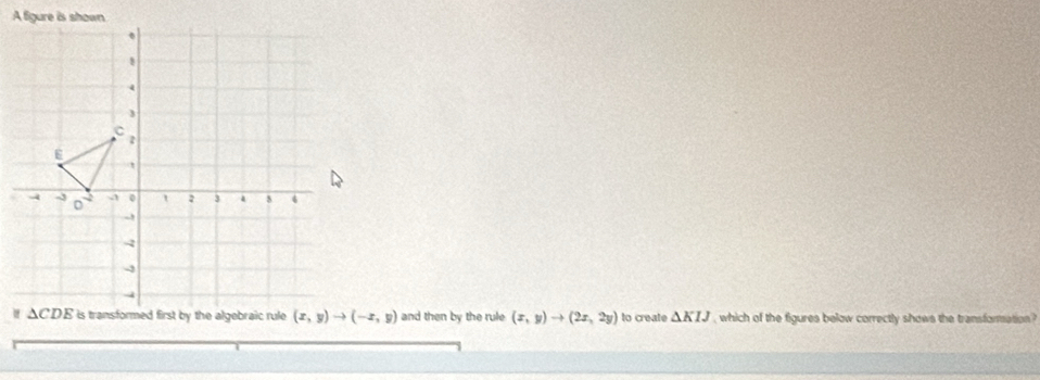 and then by the rule (x,y)to (2x,2y) to create △ KIJ , which of the figures below correctly shows the transformation ?