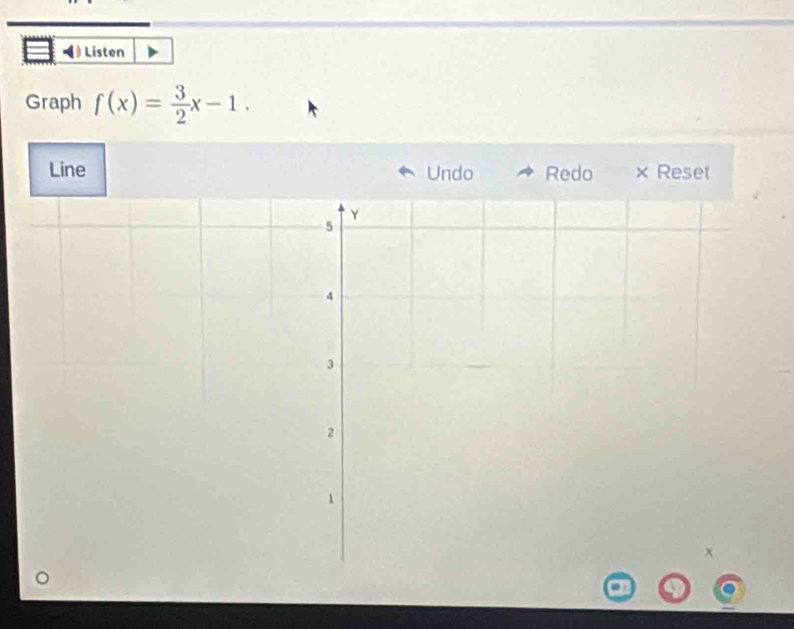 Listen 
Graph f(x)= 3/2 x-1. 
Line Undo Redo × Reset