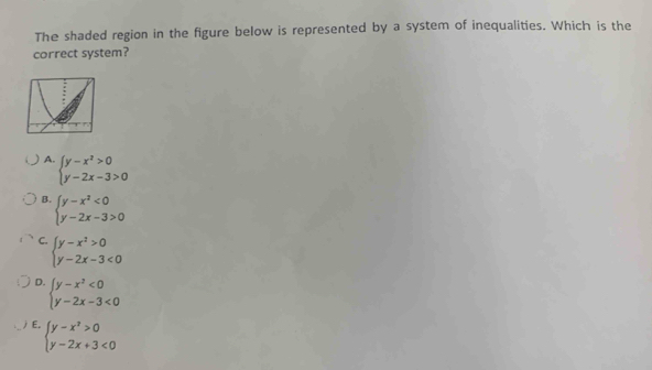 The shaded region in the figure below is represented by a system of inequalities. Which is the
correct system?
A. beginarrayl y-x^2>0 y-2x-3>0endarray.
B. beginarrayl y-x^2<0 y-2x-3>0endarray.
C. beginarrayl y-x^2>0 y-2x-3<0endarray.
D. beginarrayl y-x^2<0 y-2x-3<0endarray.
jE. beginarrayl y-x^2>0 y-2x+3<0endarray.