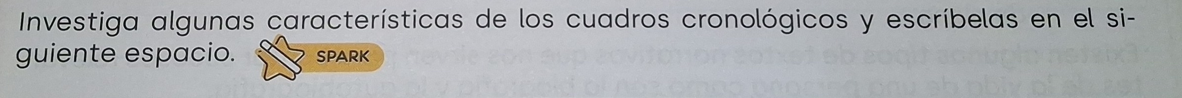 Investiga algunas características de los cuadros cronológicos y escríbelas en el si- 
guiente espacio. spark