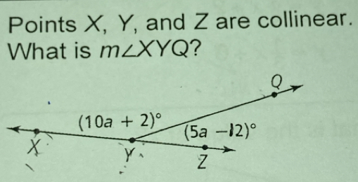 Points X, Y, and Z are collinear.
What is m∠ XYQ ?