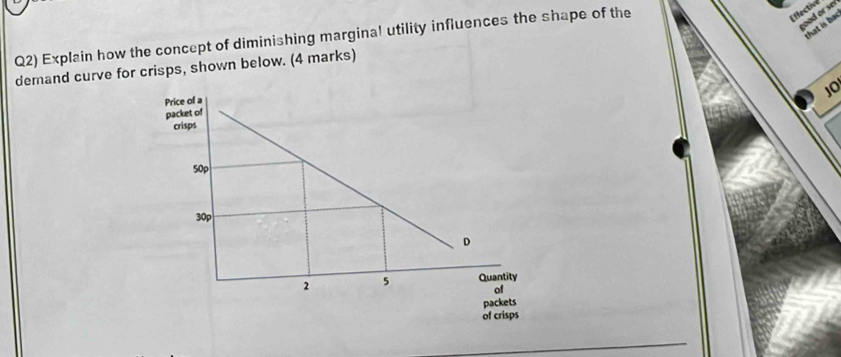 Q2) Explain how the concept of diminishing marginal utility influences the shape of the 
Effective 
rood or se 
that is ba 
demand curve for crisps, shown below. (4 marks) 
10