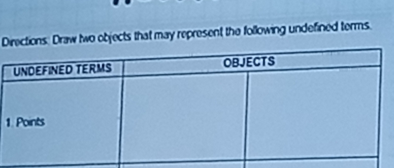 Directions: Draw two objects that may represent the following undefined terms.