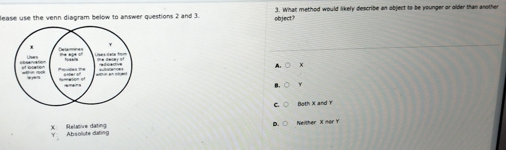 What method would likely describe an object to be younger or older than another
lease use the venn diagram below to answer questions 2 and 3. object?
Y
x Determines
observation Uses the age of Uses data from
fossils the decay of
of location Provides the substances radioactive A. odot X
within rock order of within an object
layers formation of Y
B.
re ma ins O
C. Both X and Y
Relative dating
D.
Absolute dating Neither X nor Y