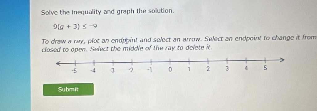 Solve the inequality and graph the solution.
9(g+3)≤ -9
To draw a ray, plot an endppint and select an arrow. Select an endpoint to change it from 
closed to open. Select the middle of the ray to delete it. 
Submit