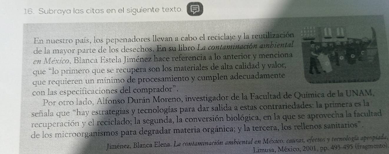 Subraya las citas en el siguiente texto. 
En nuestro país, los pepenadores llevan a cabo el reciclaje y la reutilización 
de la mayor parte de los desechos. En su libro La contaminación ambiental 
en México, Blanca Estela Jiménez hace referencia a lo anterior y menciona 
que “lo primero que se recupera son los materiales de alta calidad y valor, 
que requieren un mínimo de procesamiento y cumplen adecuadamente 
con las especificaciones del comprador”. 
Por otro lado, Alfonso Durán Moreno, investigador de la Facultad de Química de la UNAM, 
señala que “hay estrategias y tecnologías para dar salida a estas contrariedades: la primera es la 
recuperación y el reciclado; la segunda, la conversión biológica, en la que se aprovecha la facultad 
de los microorganismos para degradar materia orgánica; y la tercera, los rellenos sanitarios". 
* Jiménez, Blanca Elena. La contaminación ambiental en México: causas, efectos y tecnología apropiada, 
Limusa, México, 2001, pp. 493-495 (fragmento)