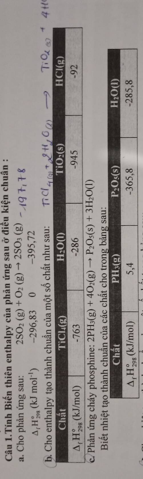 Câu 1.Tính Biến thiên enthalpy của phản ứng sau ở điều kiện chuân :
a. Cho phản ứng sau: 2SO_2(g)+O_2(g)to 2SO_3(g)
△ _rH_(298)°(kJmol^(-1)) -296,83 0 -395,72
b. Cho enthalpy tạo thành chuẩn của một số chất như sau:
c. Phản ứng cháy phosphine: 2PH_3(g)+4O_2(g)to P_2O_5(s)+3H_2O(l)
Biết nhiệt tạo thành chuẩn của các chất cho trong bảng sau: