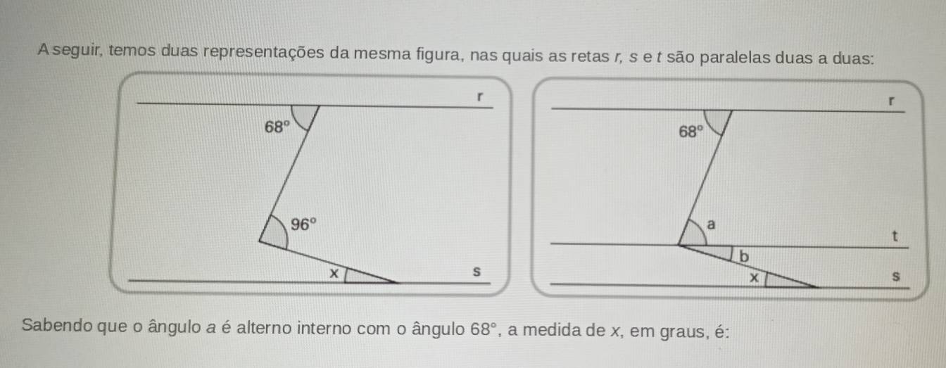 A seguir, temos duas representações da mesma figura, nas quais as retas r, s e t são paralelas duas a duas:
r
68°
96°
x
s
Sabendo que o ângulo a é alterno interno com o ângulo 68° , a medida de x, em graus, é: