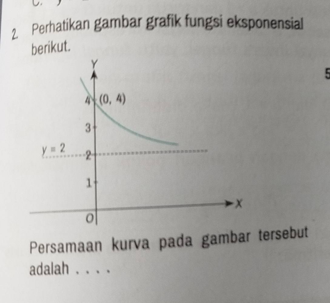 Perhatikan gambar grafik fungsi eksponensial
berikut.
Persamaan kurva pada gambar tersebut
adalah ._