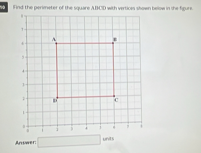 Find the perimeter of the square ABCD with vertices shown below in the figure. 
Answer □ units