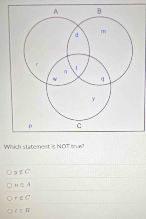 Which statement is NOT true?
y∉ C
n∈ A
r∉ C
t∈ B