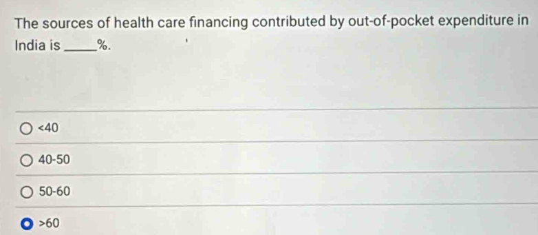 The sources of health care financing contributed by out-of-pocket expenditure in
India is _ %.
<40</tex>
40-50
50-60
○ 60