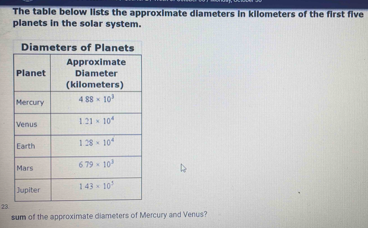 The table below lists the approximate diameters in kilometers of the first five
planets in the solar system.
23.
sum of the approximate diameters of Mercury and Venus?