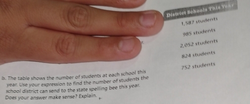 Distriet Schools This Year
1, 587 students
985 students 
r 2,052 students
824 students
752 students 
b. The table shows the number of students at each school this
year. Use your expression to find the number of students the 
school district can send to the state spelling bee this year. 
Does your answer make sense? Explain.