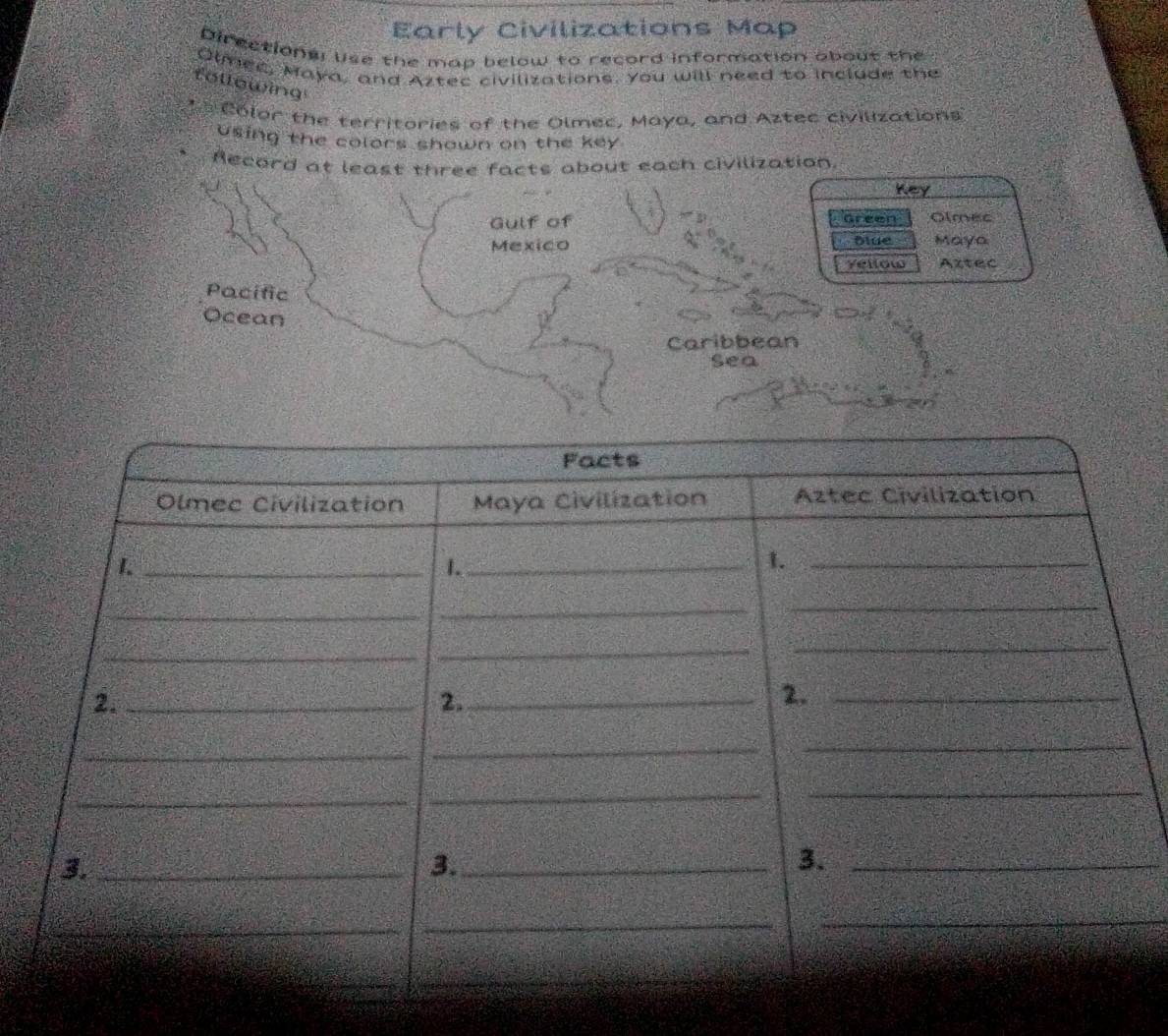 Early Civilizations Map 
Directions; use the map below to record information about the 
Olmec, Maya, and Aztec civilizations, you will need to include the 
following 
Color the territories of the Olmec, Maya, and Aztec civilizations 
using the colors shown on the key . 
Record at least three facts about each civilization. 
Key 
Gulf of areen Olmec 
Mexico Đlue Maya 
yetow Aztec 
Pacific 
Ocean 
Caribbean 
Sea