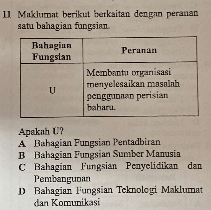 Maklumat berikut berkaitan dengan peranan
satu bahagian fungsian.
Apakah U?
A Bahagian Fungsian Pentadbiran
B Bahagian Fungsian Sumber Manusia
C Bahagian Fungsian Penyelidikan dan
Pembangunan
D Bahagian Fungsian Teknologi Maklumat
dan Komunikasi