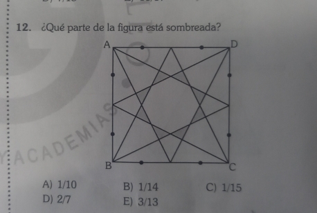 ¿Qué parte de la figura está sombreada?
A) 1/10 B) 1/14 C) 1/15
D) 2/7 E) 3/13