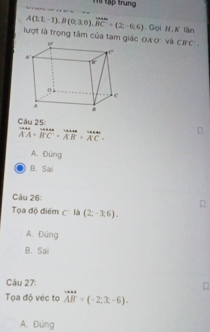 Thể tập trung
A(1;1;-1),B(0;3;0),overline BC'=(2;-6;6). Gọi H, K lần
lượt là trọng tâm của tam giác OAO và CB'C'.
Câu 25:
vector A'A+vector B'C'+vector A'B'=vector A'C·
A. Đúng
B. Sai
Câu 26:
Tọa độ điểm C' là (2;-3;6).
A. Đúng
B. Sai
Câu 27:
Tọa độ véc to AB'A=(-2;3;-6).
A. Đúng