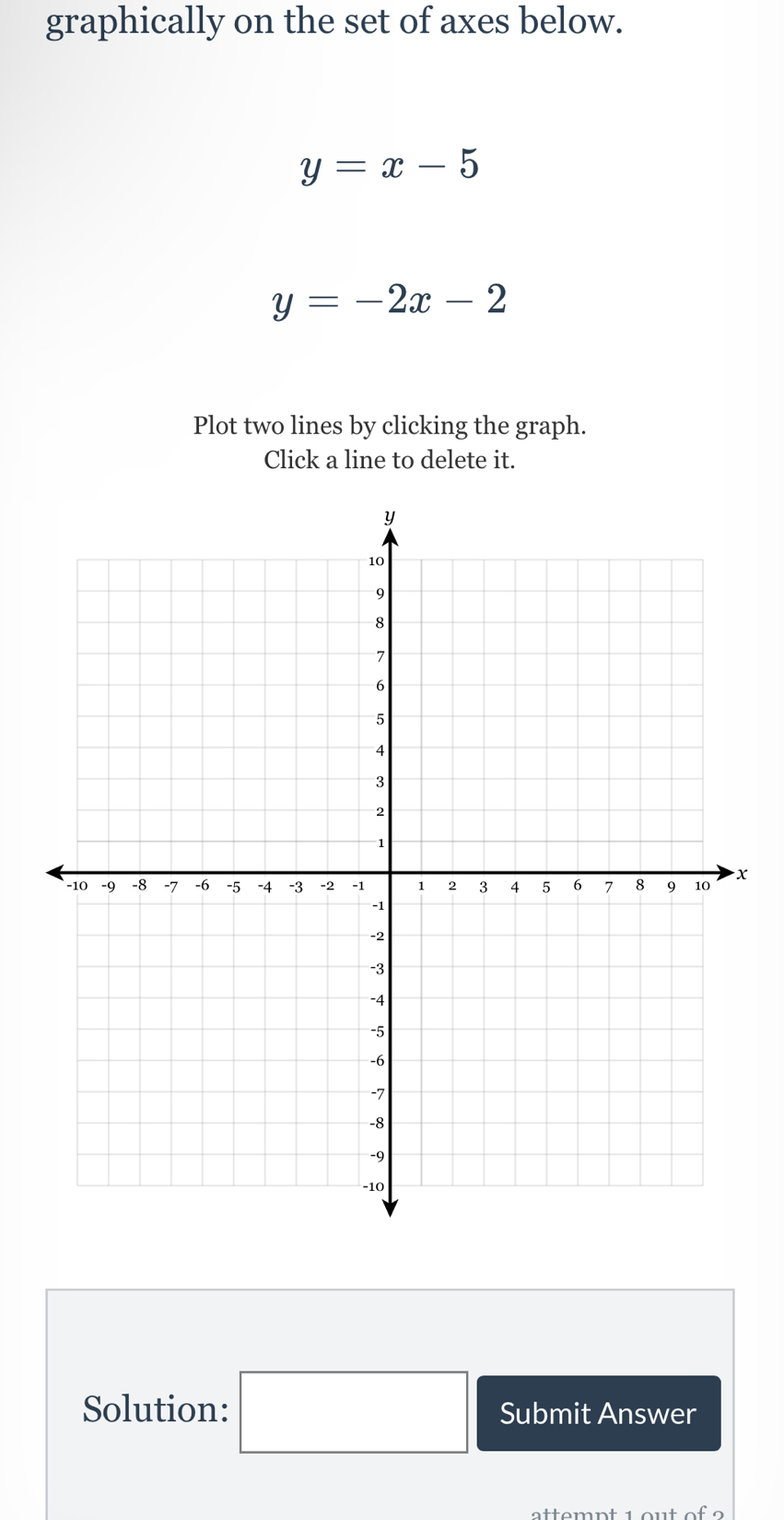 graphically on the set of axes below.
y=x-5
y=-2x-2
Plot two lines by clicking the graph. 
Click a line to delete it.
x
Solution: □ Submit Answer