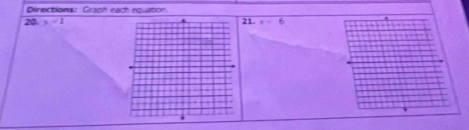 Directions: Graph each equation. 
20 y=1 21. x=6