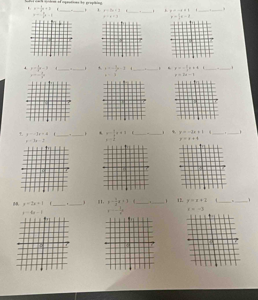 Solve each system of equations by graphing
1. y= 1/2 x+3 _ . _) 2, y=2x+2 _ _ 3. y=-x+1  __)
y=- 3/2 x-1
y=x+3
y= 1/2 x-2
4. y= 1/3 x-3 _ _) 5. y=- 1/f x-2 _ ._ 6. y=- 1/2 x+4 _ _
y=- 2/3 x
y=□
y=2x-1
0
0
7. y=-3x+4 _ ._ ) 8. y= 1/3 x+1 _ _9. y=-2x+1 _ _)
y=3x-2
s=2
y=x+4
0
0
10. y=2x+1  __11. y= 1/2 x+3 _ ._ ) 12. y=x+2 _
)
_
y=4x-1
y=- 1/4 x
z=-3
C