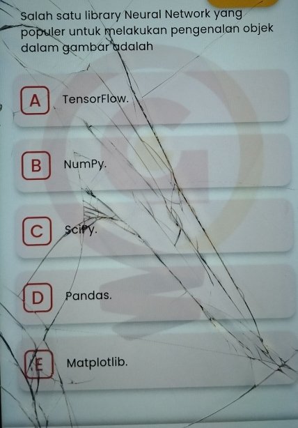 Salah satu library Neural Network yang
populer untuk melakukan pengenalan objek 
dalam gambar adalah
A Tensor Flow.
B NumPy.
C l Scify.
D Pandas.
E Matplotlib.