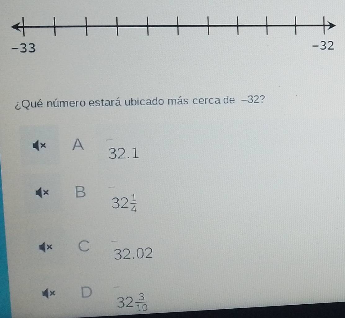 ¿Qué número estará ubicado más cerca de −32?
× A —
32.1
× B
32 1/4 
× C
32.02
× D
32 3/10 