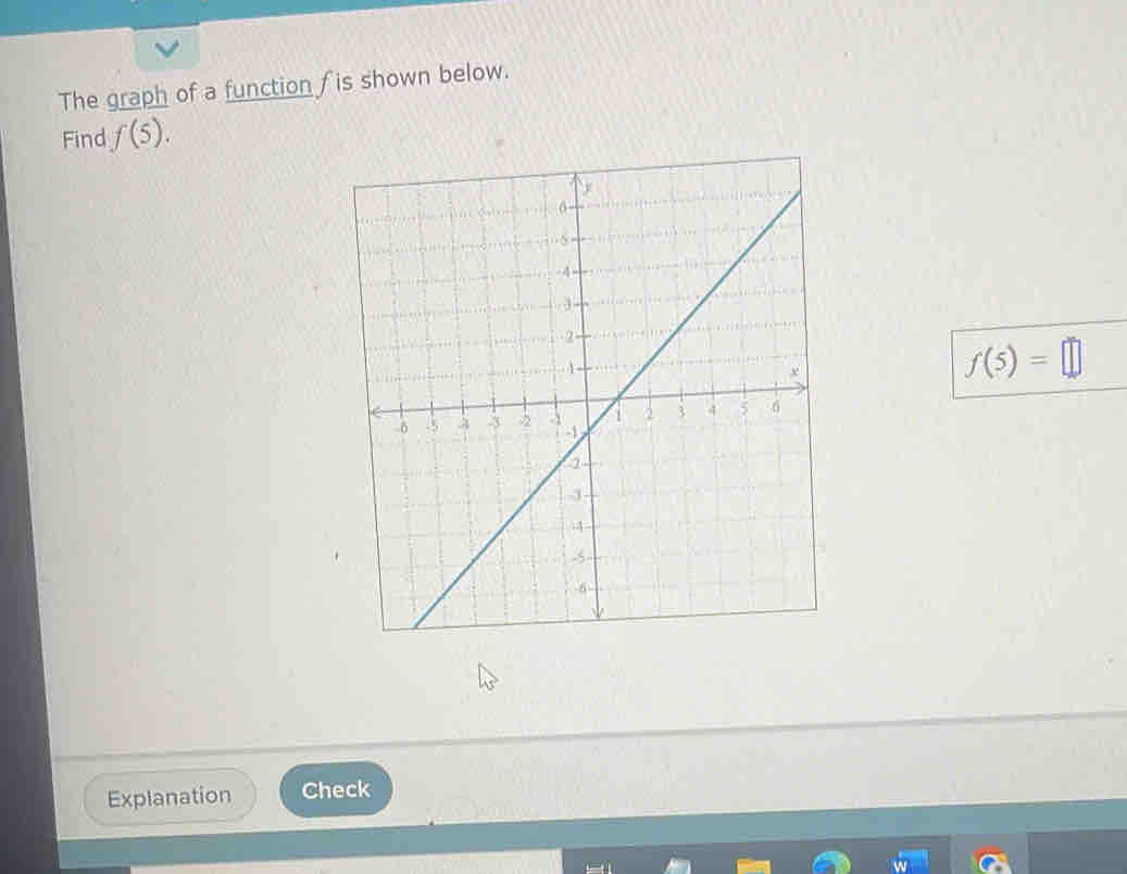 The graph of a function f is shown below. 
Find f(5).
f(5)=□
Explanation Check