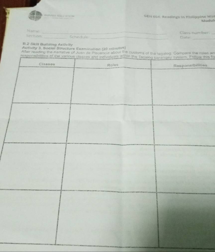 GEN 004: Readings in Philippine Hist 
o dul 
Name __Class number:_ 
Section _Schedule _Date: 
_ 
B.2 Skill Building Activity 
Activity 3. Social Structure Examination (20 minutes) 
es an 
his fo 
s