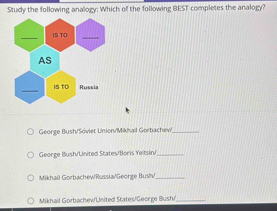 Study the following analogy: Which of the following BEST completes the analogy?
George Bush/Sóviet Union/Mikhail Gorbachev/_
George Bush/United States/Boris Yeltsin/_
Mikhail Gorbachev/Russia/George Bush/_
Mikhail Gorbachev/United States/George Bush/_