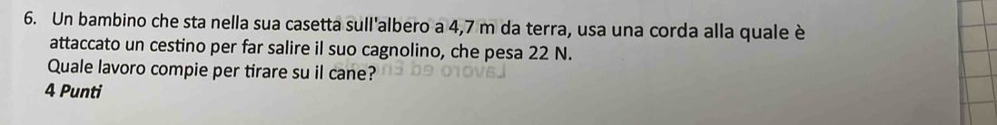 Un bambino che sta nella sua casetta sull'albero a 4,7 m da terra, usa una corda alla quale è 
attaccato un cestino per far salire il suo cagnolino, che pesa 22 N. 
Quale lavoro compie per tirare su il cane? 
4 Punti