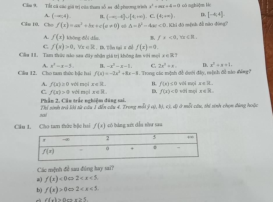 Tất cả các giá trị của tham số m để phương trình x^2+mx+4=0 có nghiệm là:
A. (-∈fty ;4). B. (-∈fty ;-4]∪ [4;+∈fty ). C. (4;+∈fty ). D. [-4;4].
Câu 10. Cho f(x)=ax^2+bx+c(a!= 0) có △ =b^2-4ac<0</tex> . Khi đó mệnh đề nào đúng?
A. f(x) không đổi dấu. B. fx<0,forall x∈ R.
C. f(x)>0,forall x∈ R. D. Tồn tại x để f(x)=0.
Câu 11. Tam thức nào sau đây nhận giá trị không âm với mọi x∈ R ?
A. x^2-x-5. B. -x^2-x-1. C. 2x^2+x. D. x^2+x+1.
Câu 12. Cho tam thức bậc hai f(x)=-2x^2+8x-8. Trong các mệnh đề dưới đây, mệnh đề nào đúng?
A. f(x)≥ 0 với mọi x∈ R. B. f(x)≤ 0 với mọi x∈ R.
C. f(x)>0 với mọi x∈ R. D. f(x)<0</tex> với mọi x∈ R.
Phần 2. Câu trắc nghiệm đúng sai.
Thí sinh trả lời từ cầu 1 đến câu 4. Trong mỗi ý a), b), c), d) ở mỗi câu, thí sinh chọn đúng hoặc
sai
Câu 1. Cho tam thức bậc hai f(x) có bảng xét dấu như sau
Các mệnh đề sau đúng hay sai?
a) f(x)<0Leftrightarrow 2
b) f(x)>0Leftrightarrow 2
c f(x)>0Leftrightarrow x≥ 5.