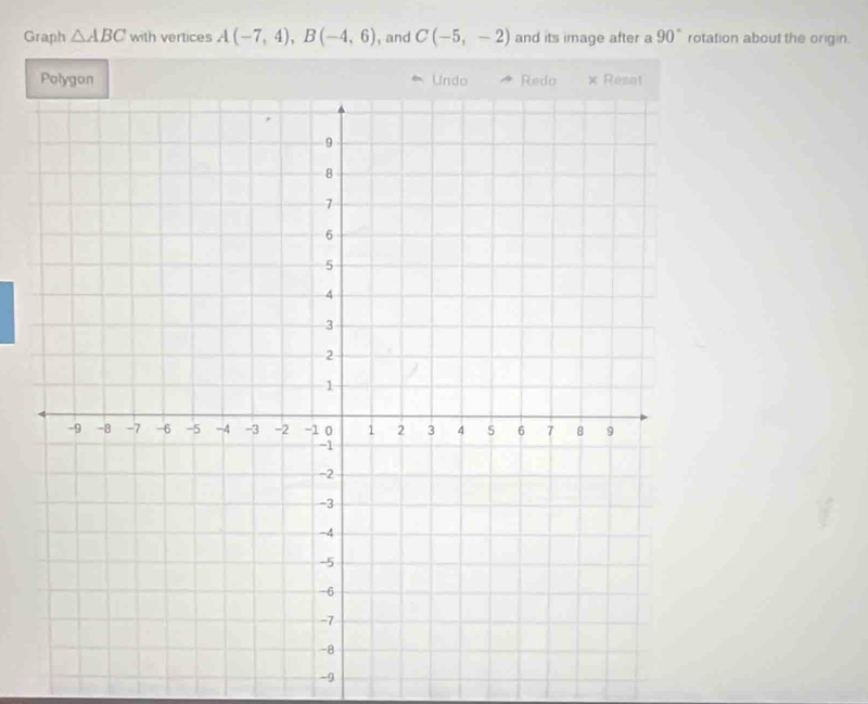 Graph △ ABC with vertices A(-7,4), B(-4,6) , and C(-5,-2) and its image after a 90° rotation about the origin. 
Polygon Undo Redo × Reset 
-9