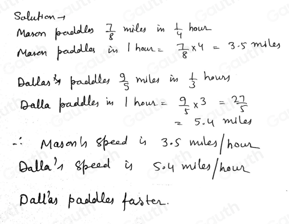 Solution 
Maron baddles  7/8  miles in  1/4  howr 
Maren paddles in I han = 7/8 * 4=3.5 miles
Ballasy baddles  9/5  miles in  1/3  hours
Dalla baddles in I hour = 9/5 * 3= 27/5 
=5.4 miles
: Masonh speed is 3.5 males/ hour
Balla' speed is Sou miles /howr 
Dallas paddles faster.