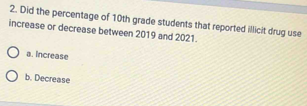 Did the percentage of 10th grade students that reported illicit drug use
increase or decrease between 2019 and 2021.
a. Increase
b. Decrease