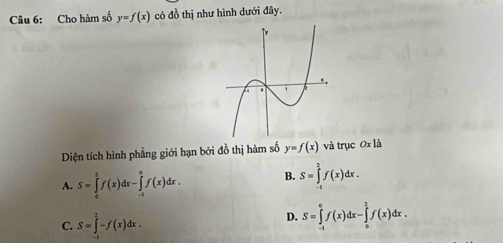 Cho hàm số y=f(x) có đồ thị như hình dưới đây.
Diện tích hình phẳng giới hạn bởi đồ thị hàm số y=f(x) và trục 0x là
A. S=∈tlimits _0^2f(x)dx-∈tlimits _(-1)^0f(x)dx.
B. S=∈tlimits _(-1)^2f(x)dx.
C. S=∈tlimits _(-1)^2-f(x)dx.
D. S=∈tlimits _(-1)^0f(x)dx-∈tlimits _0^2f(x)dx.