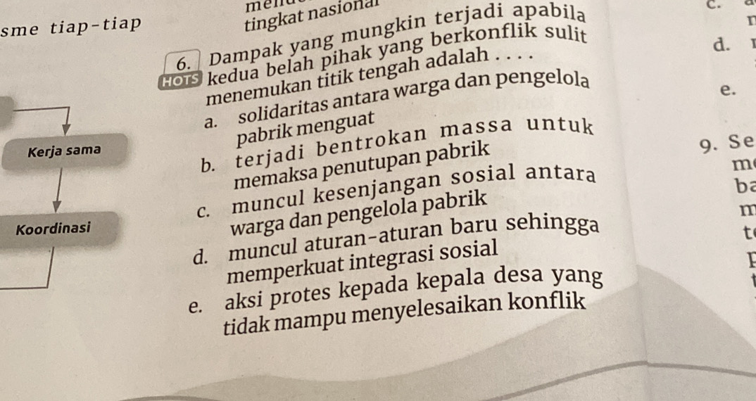 sme tiap-tiap
tingkat nasional
6. ] Dampak yang mungkin terjadi apabila
r
d. I
Hois kedua belah pihak yang berkonflik sulit c. a
menemukan titik tengah adalah . . . .
a. solidaritas antara warga dan pengelola
e.
pabrik menguat
b. terjadi bentrokan massa untuk
Kerja sama
memaksa penutupan pabrik
9. Se
c. muncul kesenjangan sosial antara
ba
Koordinasi
warga dan pengelola pabrik m
m
d. muncul aturan-aturan baru sehingga
t
memperkuat integrasi sosial
I
e. aksi protes kepada kepala desa yang
tidak mampu menyelesaikan konflik