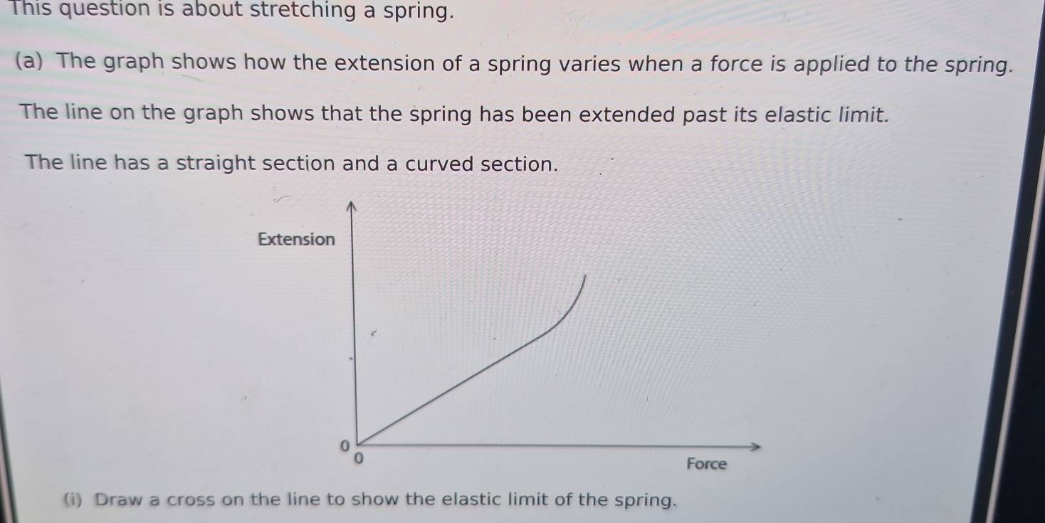 This question is about stretching a spring. 
(a) The graph shows how the extension of a spring varies when a force is applied to the spring. 
The line on the graph shows that the spring has been extended past its elastic limit. 
The line has a straight section and a curved section. 
(i) Draw a cross on the line to show the elastic limit of the spring.