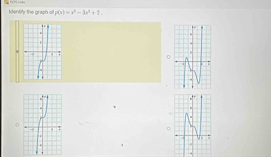 DCPS Links 
Identify the graph of p(x)=x^5-3x^3+2. 
6