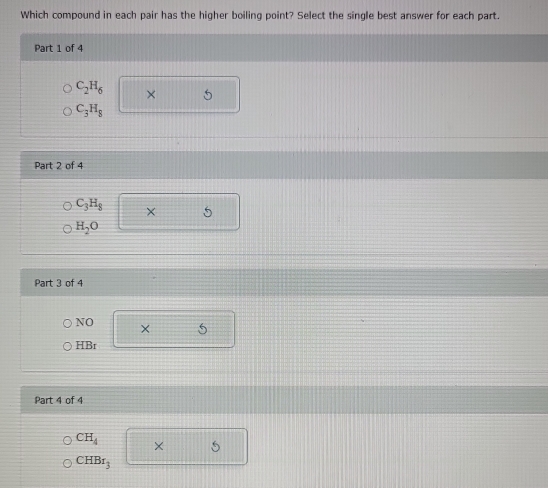 Solved: Which compound in each pair has the higher boiling point ...