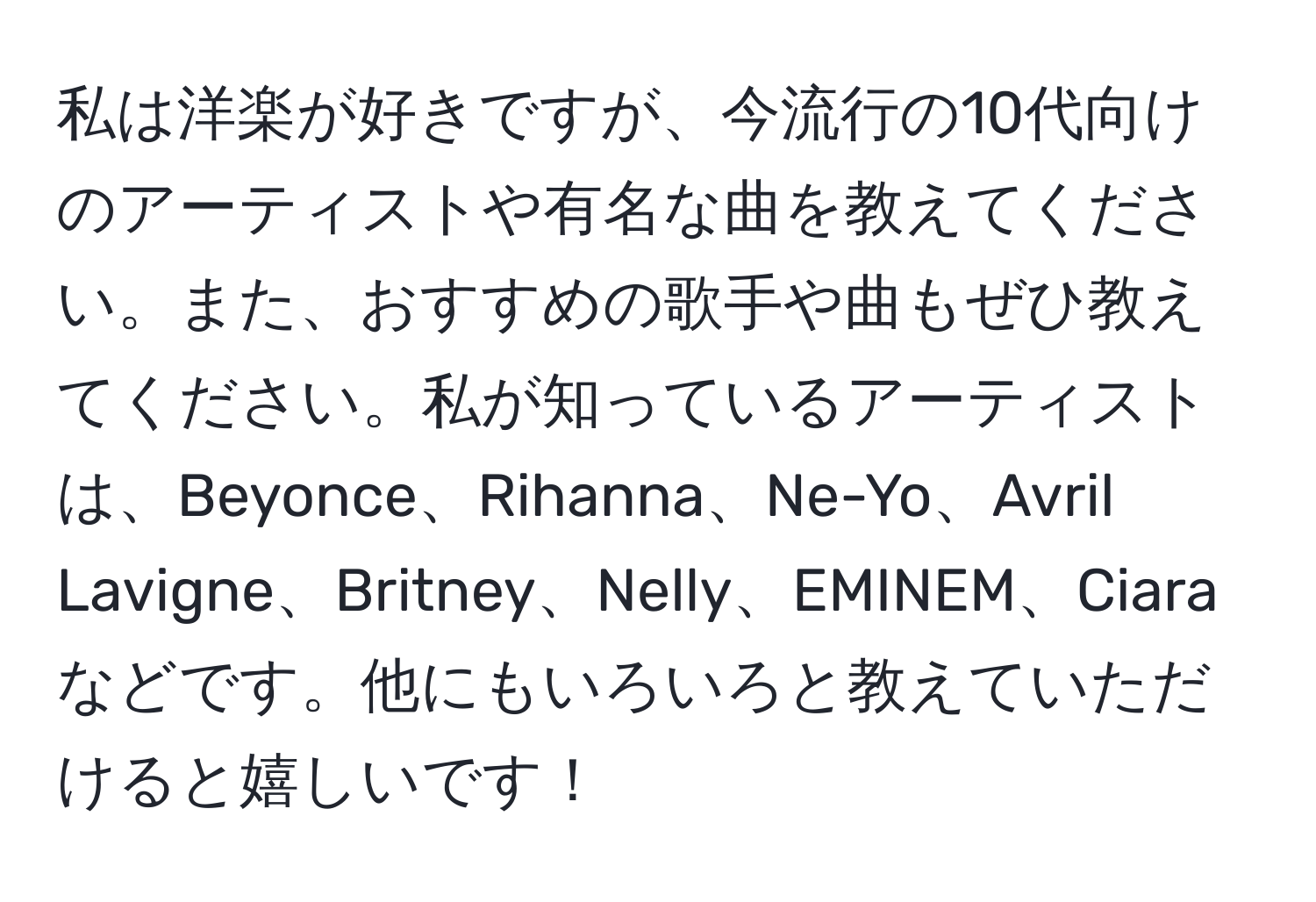 私は洋楽が好きですが、今流行の10代向けのアーティストや有名な曲を教えてください。また、おすすめの歌手や曲もぜひ教えてください。私が知っているアーティストは、Beyonce、Rihanna、Ne-Yo、Avril Lavigne、Britney、Nelly、EMINEM、Ciaraなどです。他にもいろいろと教えていただけると嬉しいです！