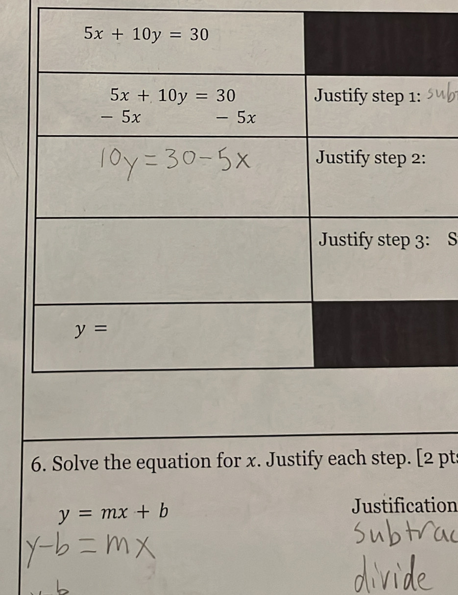 Solve the equation for x. Justify each step. [2 pt
y=mx+b
Justification