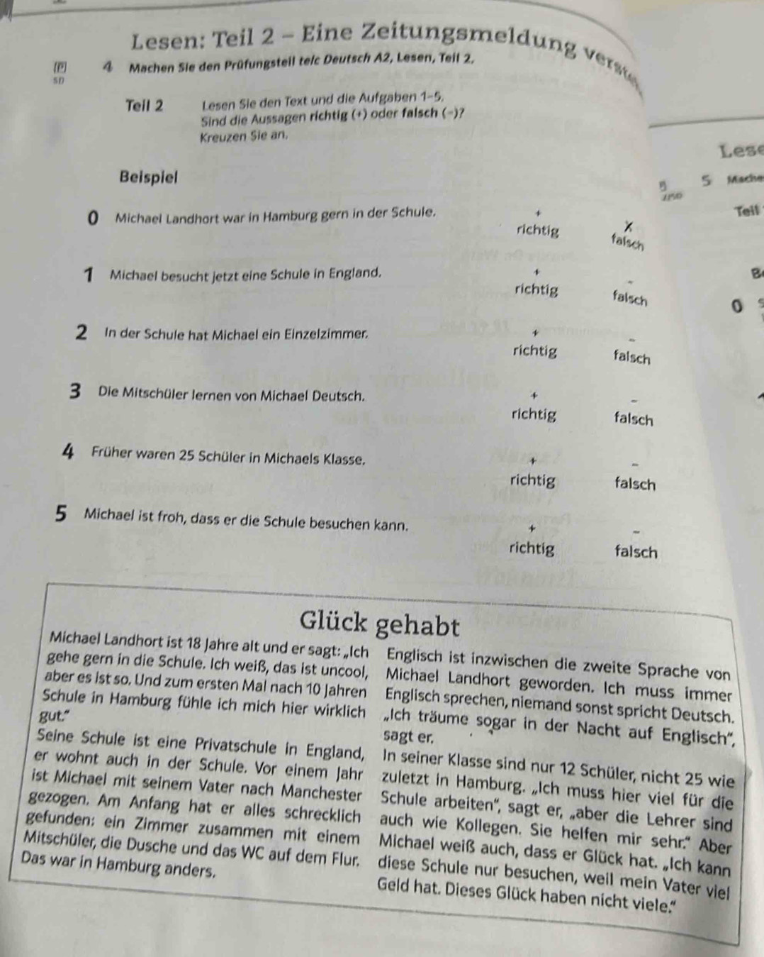 Lesen: Teil 2 - Eine Zeitungsmeldung es
e] 4 Machen Sie den Prüfungsteil telc Deutsch A2, Lesen, Teil 2.
sn
Teil 2 Lesen Sie den Text und die Aufgaben 1-5.
Sind die Aussagen richtig (+) oder falsch (-)?
Kreuzen Sie an.
Lese
Beispiel 5 Mache
B
1190
0 Michael Landhort war in Hamburg gern in der Schule. Teil
richtig x
falsch
1 Michael besucht jetzt eine Schule in England. ~
B
richtig falsch
0 5
2 In der Schule hat Michael ein Einzelzimmer.
richtig falsch
3 Die Mitschüler lernen von Michael Deutsch. +
richtig falsch
4 Früher waren 25 Schüler in Michaels Klasse.
richtig falsch
5 Michael ist froh, dass er die Schule besuchen kann.
+
richtig falsch
Glück gehabt
Michael Landhort ist 18 Jahre alt und er sagt: „Ich Englisch ist inzwischen die zweite Sprache von
gehe gern in die Schule. Ich weiß, das ist uncool, Michael Landhort geworden. Ich muss immer
aber es ist so. Und zum ersten Mal nach 10 Jahren Englisch sprechen, niemand sonst spricht Deutsch.
gut."
Schule in Hamburg fühle ich mich hier wirklich  Ich träume sogar in der Nacht auf Englisch',
sagt er.
Seine Schule ist eine Privatschule in England, In seiner Klasse sind nur 12 Schüler, nicht 25 wie
er wohnt auch in der Schule. Vor einem Jahr zuletzt in Hamburg. „Ich muss hier viel für die
ist Michael mit seinem Vater nach Manchester Schule arbeiten', sagt er, „aber die Lehrer sind
gezogen. Am Anfang hat er alles schrecklich auch wie Kollegen. Sie helfen mir sehr." Aber
gefunden: ein Zimmer zusammen mit einem  Michael weiß auch, dass er Glück hat. „Ich kann
Mitschüler, die Dusche und das WC auf dem Flur. diese Schule nur besuchen, weil mein Vater vie
Das war in Hamburg anders. Geld hat. Dieses Glück haben nicht viele.'