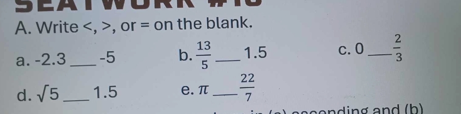 JEA 
A. Write , , or = on the blank. 
c. 0
a. -2.3 _ -5 b.  13/5  _ 1.5 _  2/3 
d. sqrt(5) _ 1.5 e. π _   22/7 