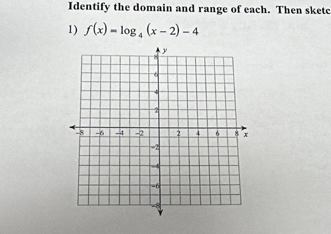 Identify the domain and range of each. Then sketc 
1) f(x)=log _4(x-2)-4