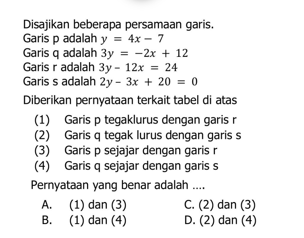 Disajikan beberapa persamaan garis.
Garis p adalah y=4x-7
Garis q adalah 3y=-2x+12
Garis r adalah 3y-12x=24
Garis s adalah 2y-3x+20=0
Diberikan pernyataan terkait tabel di atas
(1) Garis p tegaklurus dengan garis r
(2) Garis q tegak lurus dengan garis s
(3) Garis p sejajar dengan garis r
(4) Garis q sejajar dengan garis s
Pernyataan yang benar adalah ....
A. (1) dan (3) C. (2) dan (3)
B. (1) dan (4) D. (2) dan (4)