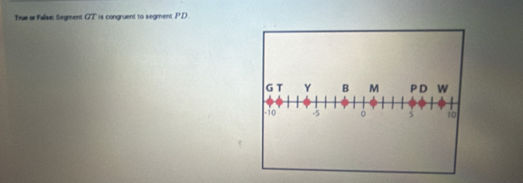 True ar False: Segment GT is congruent to segment PD
G T Y B M P D W
-io -5 0 5 10