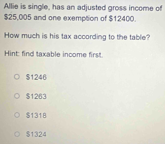 Allie is single, has an adjusted gross income of
$25,005 and one exemption of $12400.
How much is his tax according to the table?
Hint: find taxable income first.
$1246
$1263
$1318
S1324